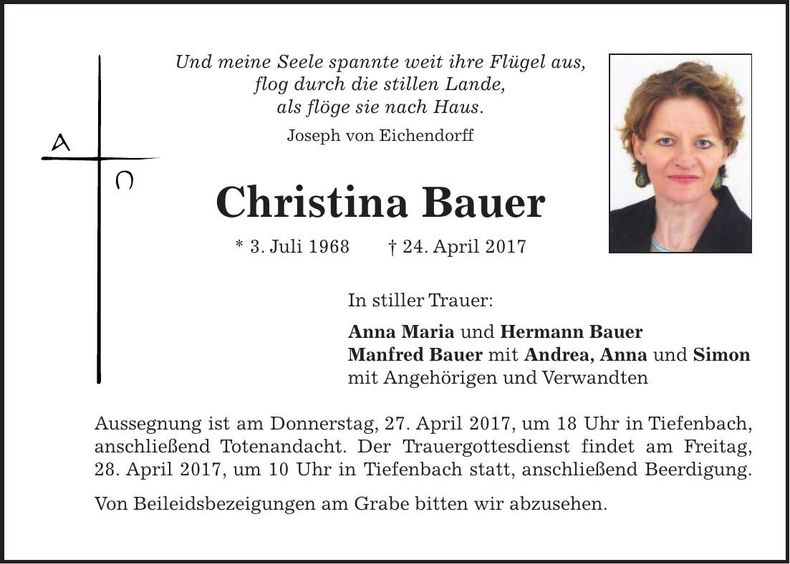 Traueranzeige Christina Bauer