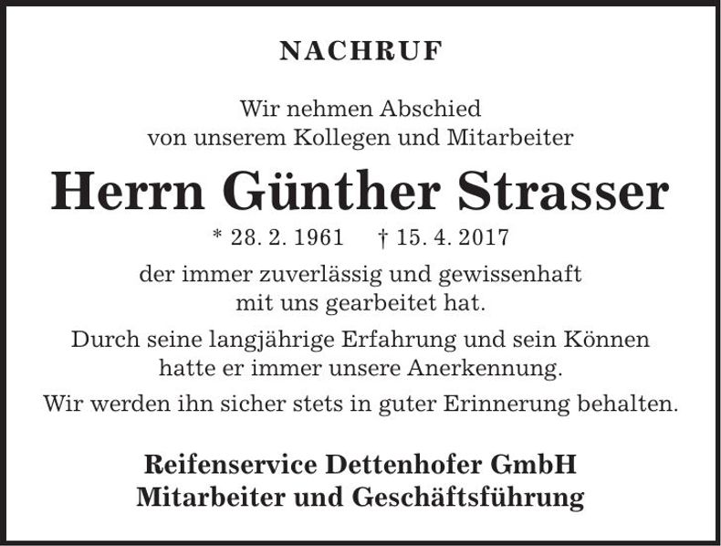 Traueranzeige Günther Strasser