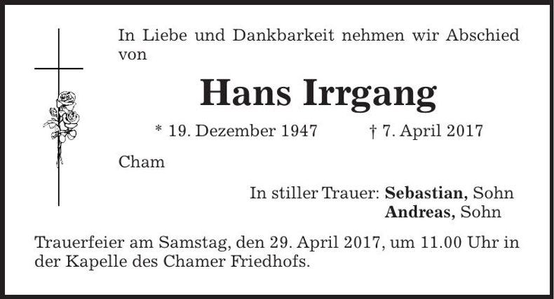 Traueranzeige Hans Irrgang