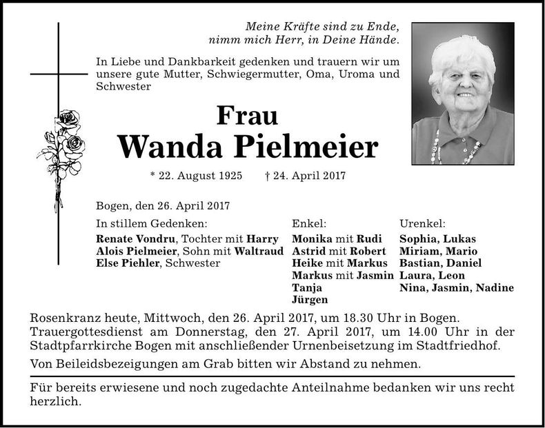 Traueranzeige Wanda Pielmeier