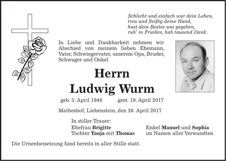 Traueranzeige Ludwig Wurm