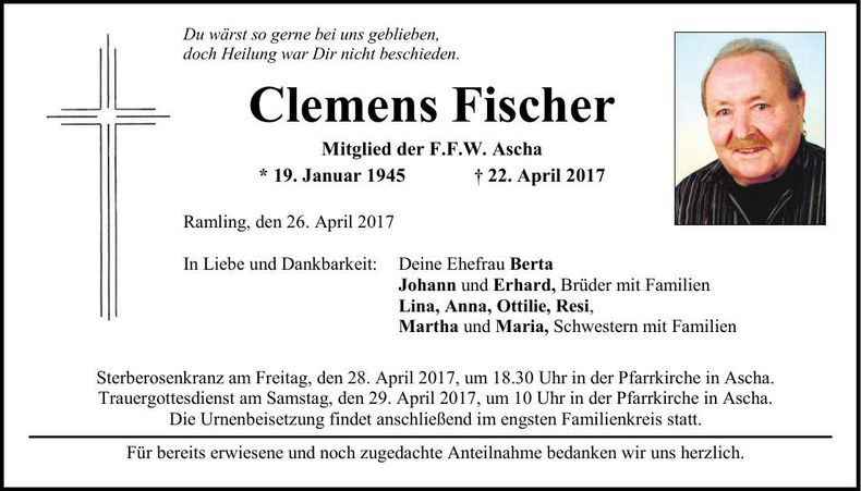 Traueranzeige Clemens Fischer