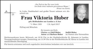 Traueranzeige Viktoria Huber