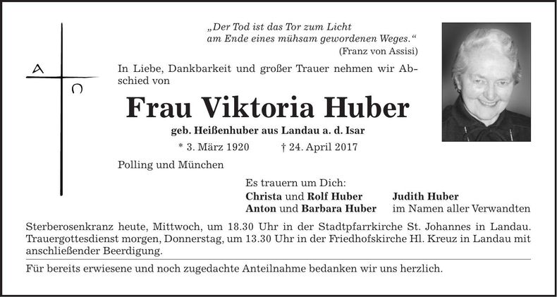 Traueranzeige Viktoria Huber