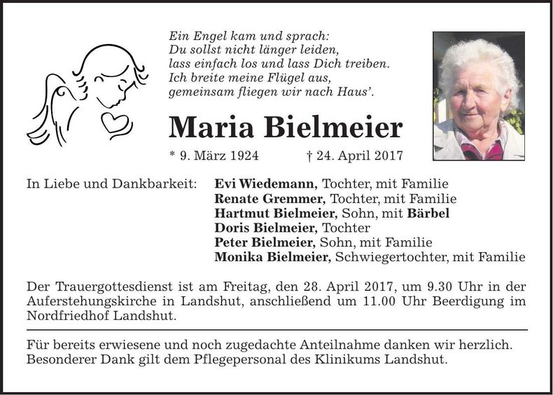 Traueranzeige Maria Bielmeier