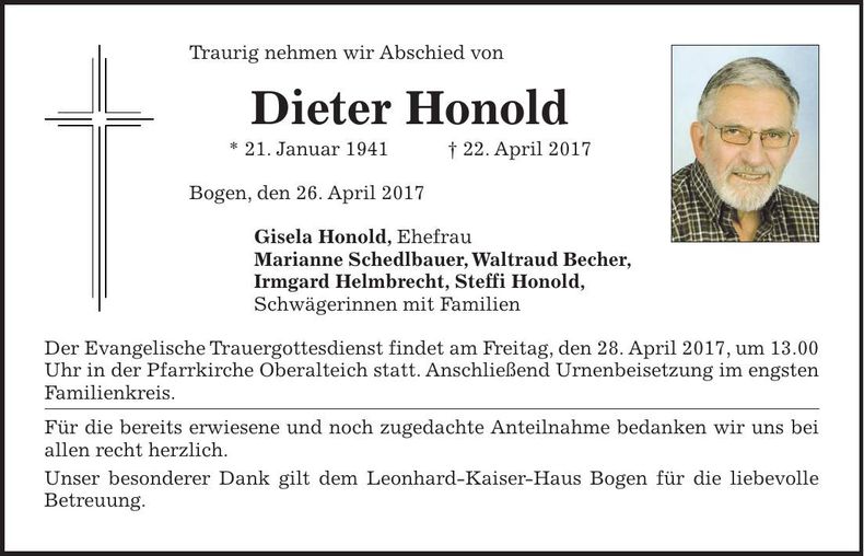 Traueranzeige Dieter Honold