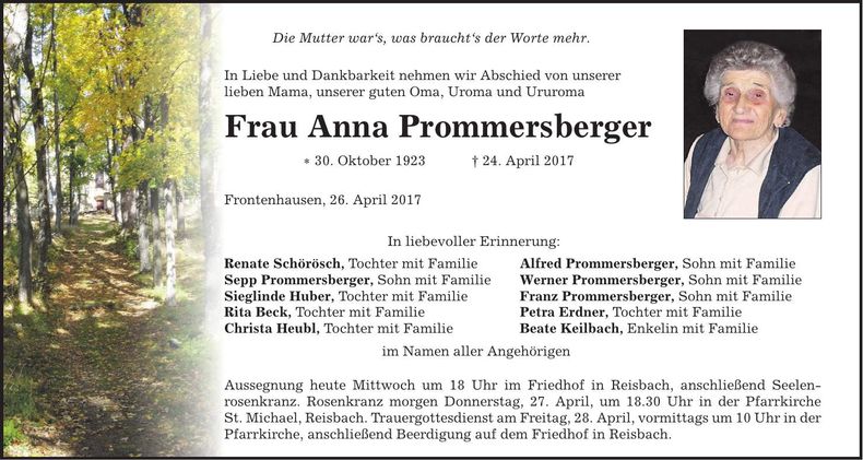 Traueranzeige Anna Pommersberger