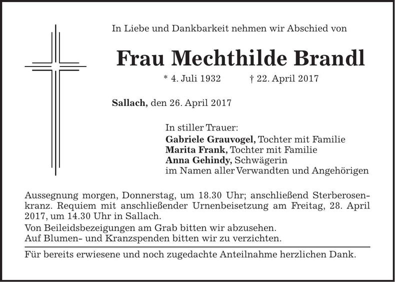 Traueranzeige Mechthilde Brandl