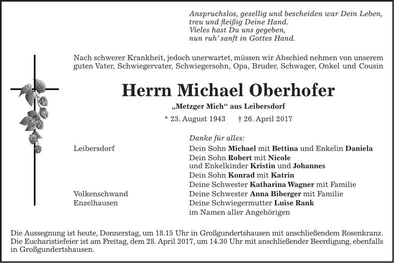 Traueranzeige Michael Oberhofer