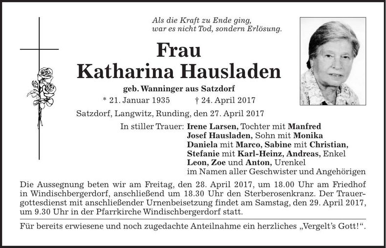 Traueranzeige Katharina Hausladen