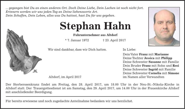 Traueranzeige Stephan Hahn