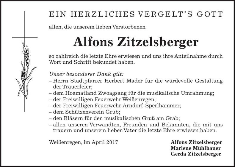 Traueranzeige Alfons Zitzelsberger