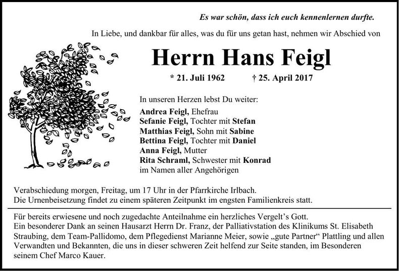 Traueranzeige Hans Feigl