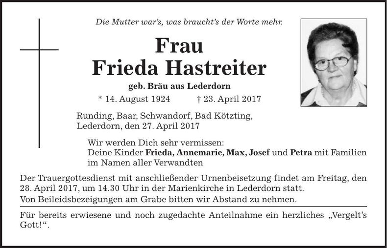 Traueranzeige Frieda Hastreiter