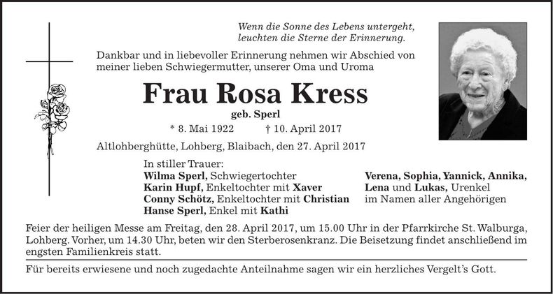 Traueranzeige Rosa Kress