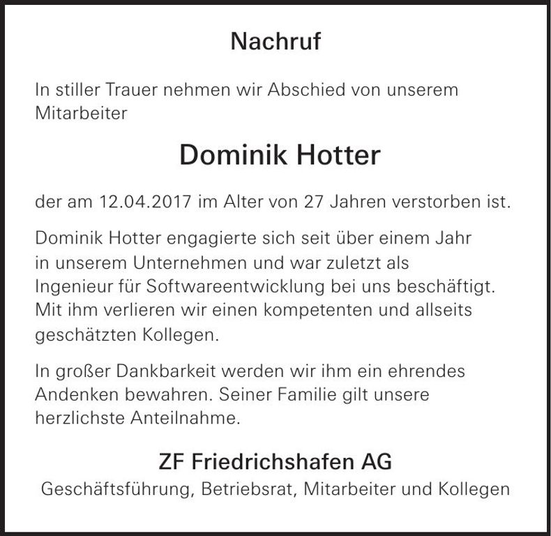 Traueranzeige Dominik Hotter