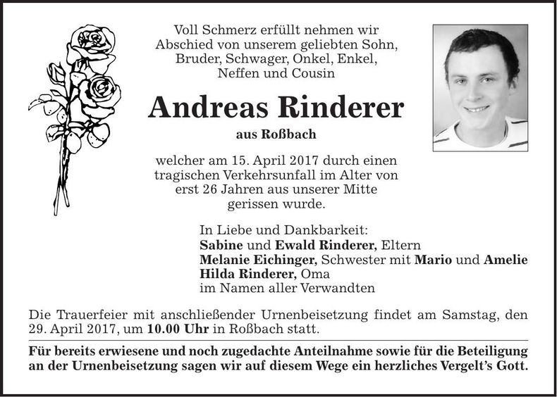Traueranzeige Rinderer Andreas