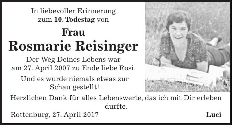 Traueranzeige Rosi Reisinger