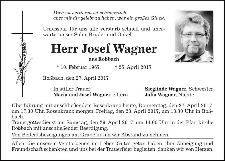Traueranzeige Josef Wagner