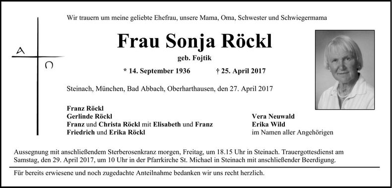 Traueranzeige Sonja Röckl
