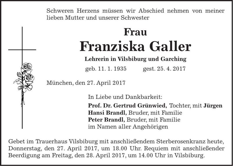 Traueranzeige Franziska Galler