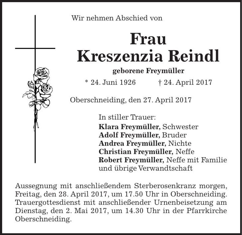 Traueranzeige Kreszenzia Reindl