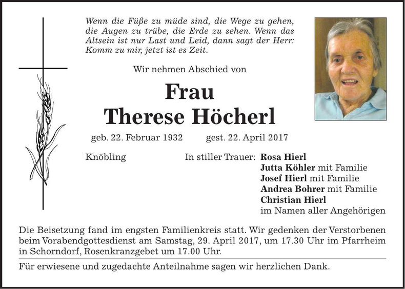 Traueranzeige Therese Höcherl