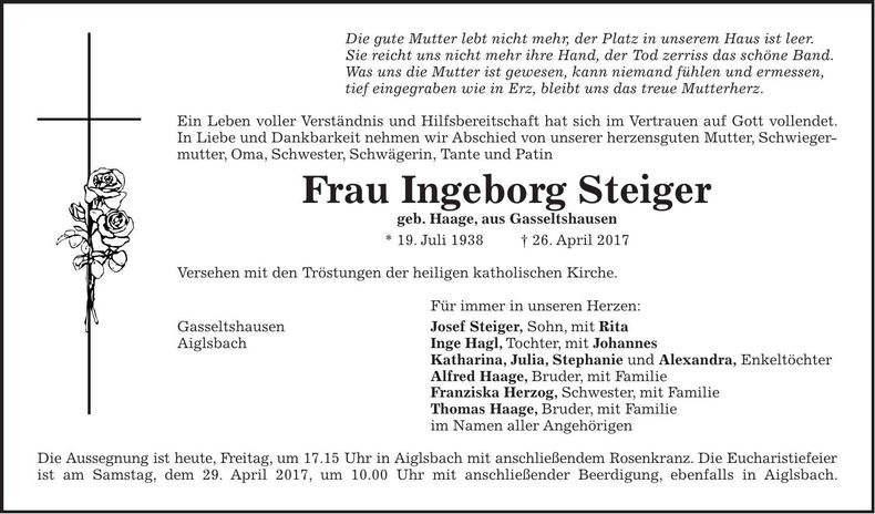 Traueranzeige Ingeborg Steiger
