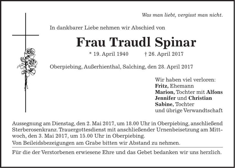 Traueranzeige Traudl Spinar