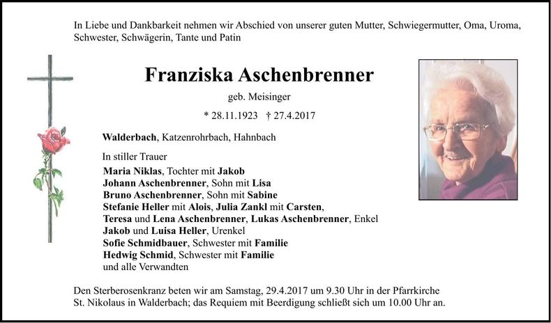 Traueranzeige Franziska Aschenbrenner