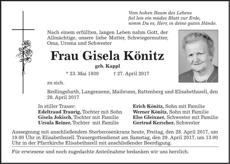 Traueranzeige Gisela Könitz