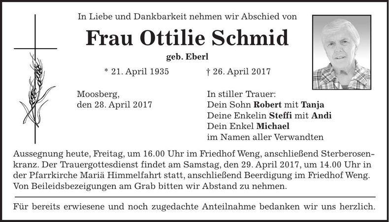 Traueranzeige Ottilie Schmid