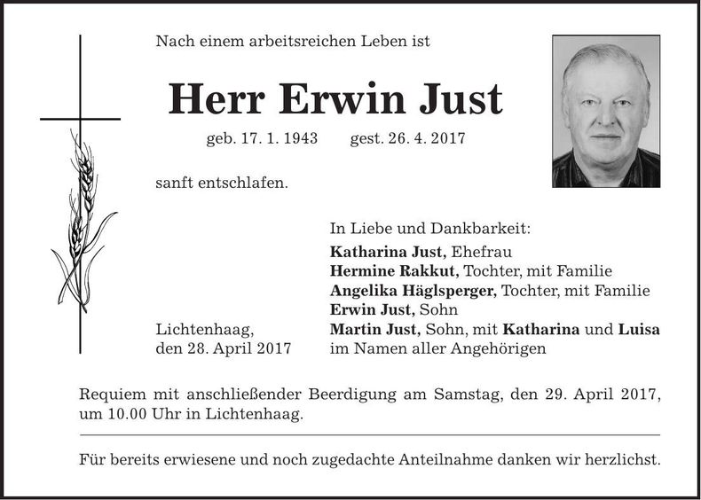 Traueranzeige Erwin Just