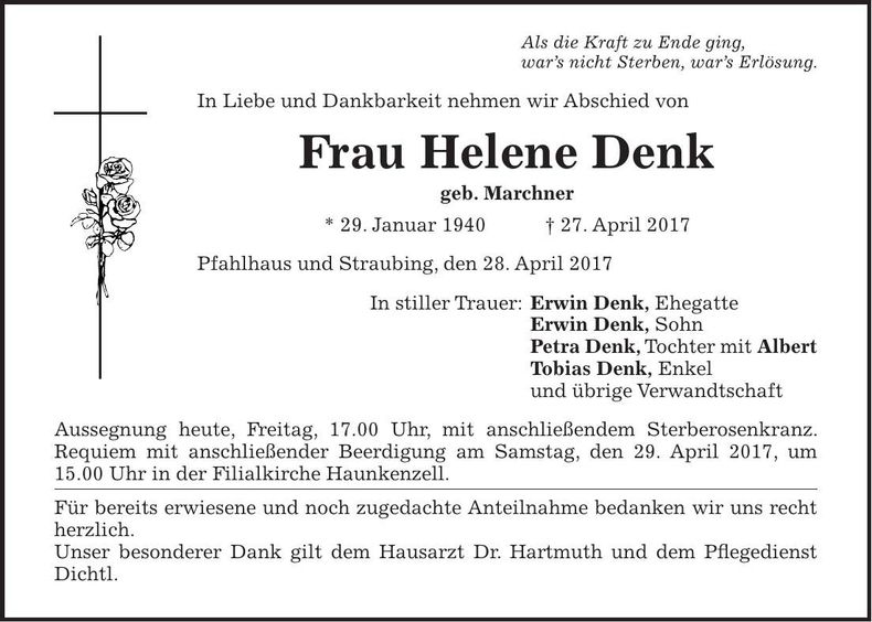 Traueranzeige Helene Denk
