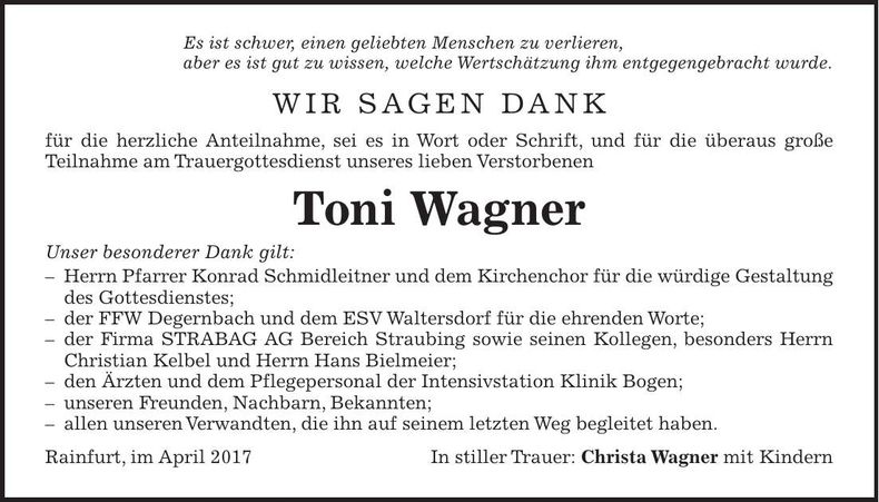Traueranzeige Toni Wagner