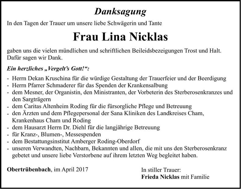 Traueranzeige Lina Nicklas