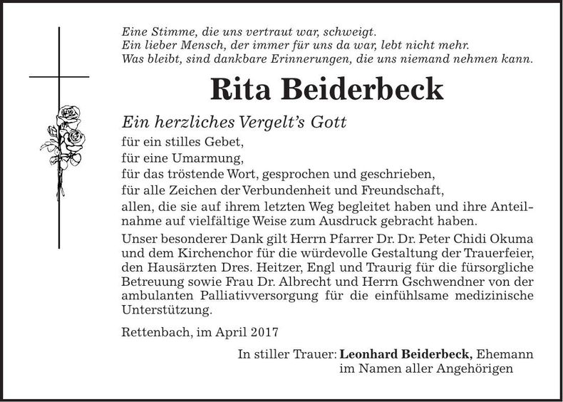 Traueranzeige Rita Beiderbeck