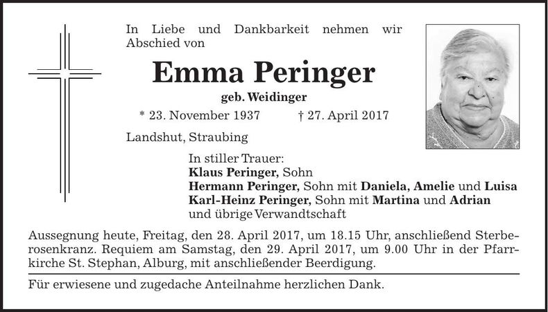 Traueranzeige Emma Peringer