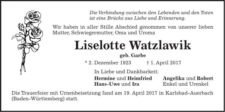 Traueranzeige Liselotte Watzlawik
