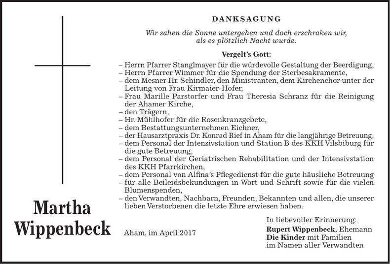 Traueranzeige Martha Wippenbeck