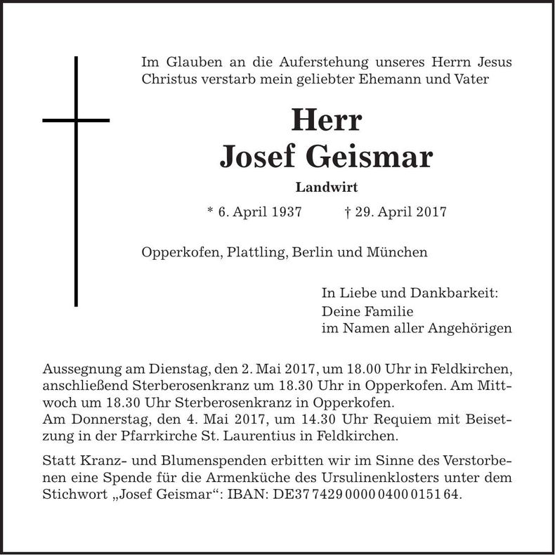 Traueranzeige Josef Geismar