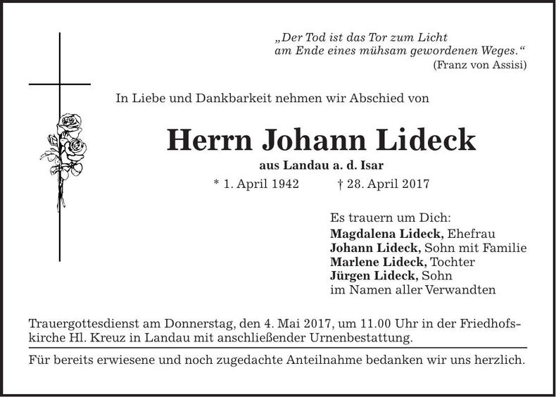 Traueranzeige Johann Lideck