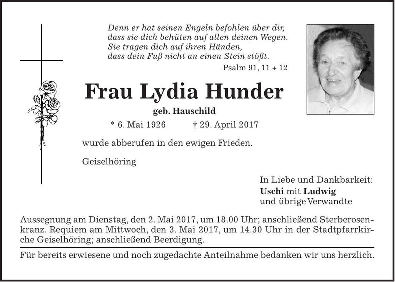 Traueranzeige Lydia Hunder