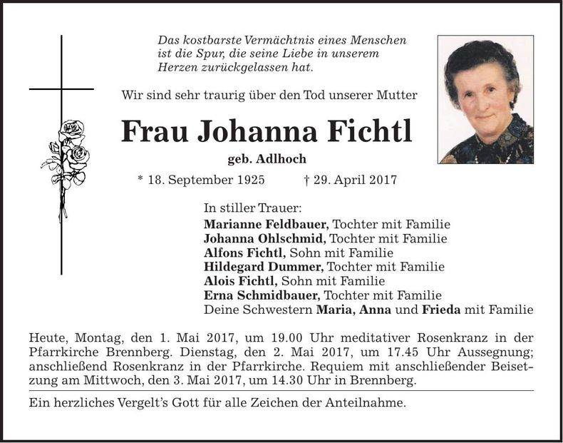 Traueranzeige Johanna Fichtl