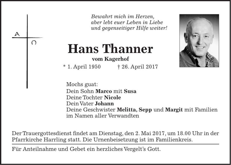 Traueranzeige Hans Thanner