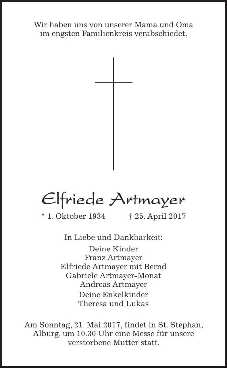 Traueranzeige Elfriede Artmayer