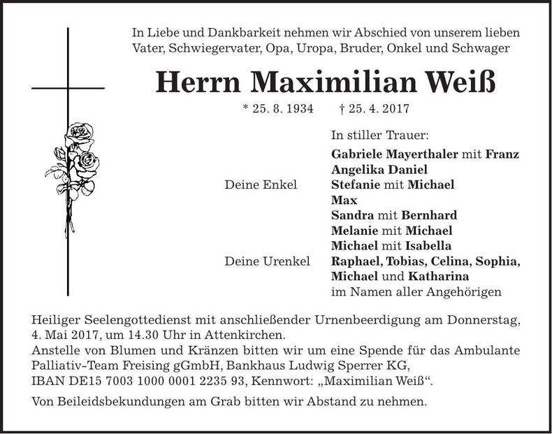 Traueranzeige Maximilian Weiß