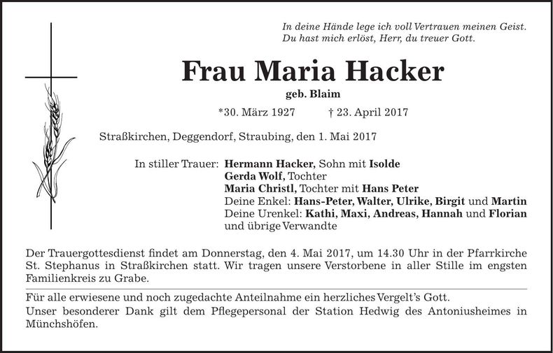 Traueranzeige Maria Hacker