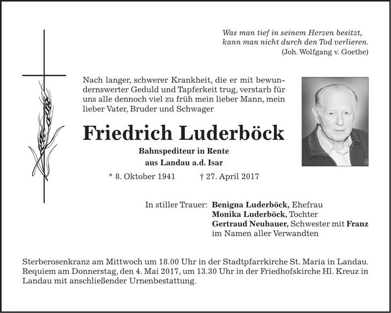 Traueranzeige Friedrich Luderböck