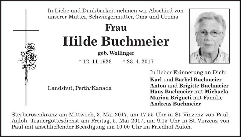 Traueranzeige Hilde Buchmeier